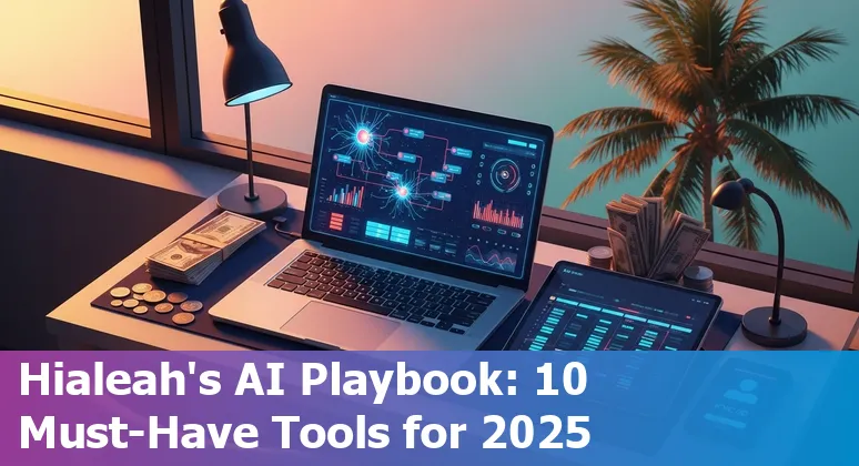 Finance professional in Hialeah using AI tools on a laptop with Hialeah skyline background
