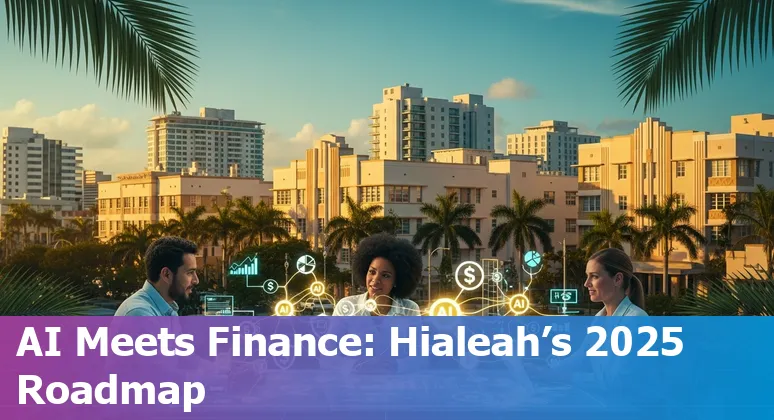 Image of financial professionals and AI visuals over Hialeah skyline, Florida
