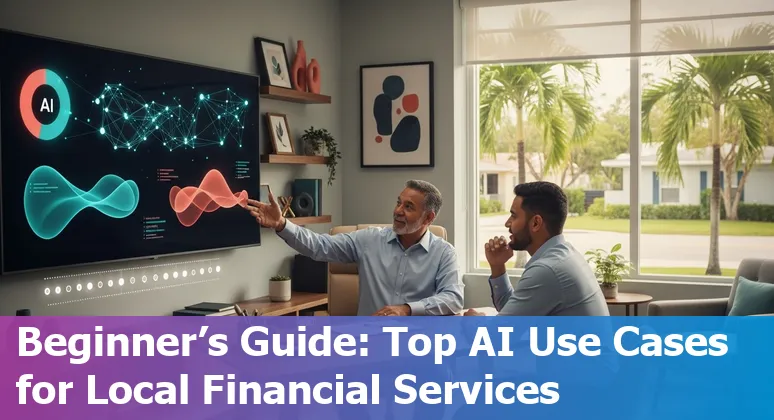 Financial services professionals in Hialeah using AI tools like chatbots, robo-advisors, and automated budgeting on laptop screens.