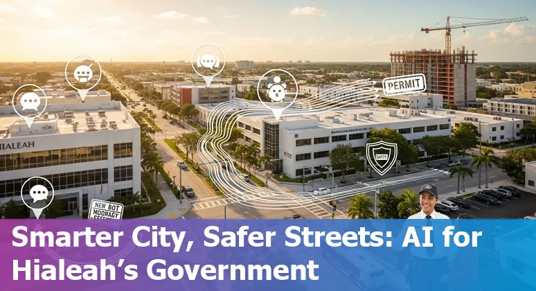 Hialeah city hall with overlay icons representing AI chatbots, grants, traffic, public safety, and construction monitoring.