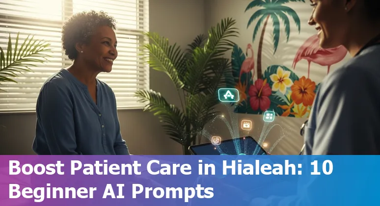 Healthcare worker using AI tools on tablet in Hialeah clinic, bilingual patient materials visible.