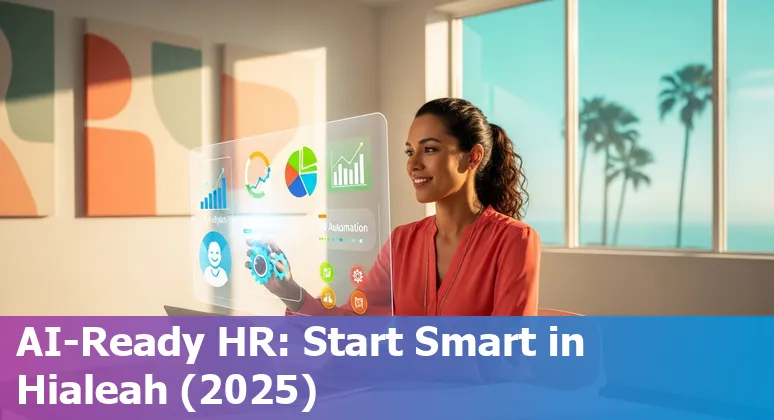 HR professional using AI tools on laptop in Hialeah, Florida skyline backdrop (2025)