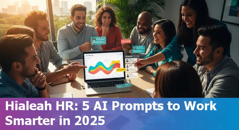 HR professional in Hialeah using AI prompts on a laptop to create job descriptions, benefits FAQs, onboarding checklists and analytics dashboards.