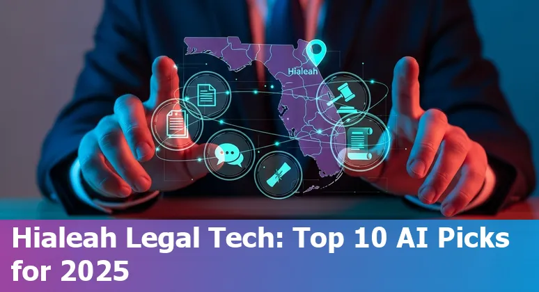 Lawyer using AI tools on laptop with Miami skyline and bilingual client intake icons.