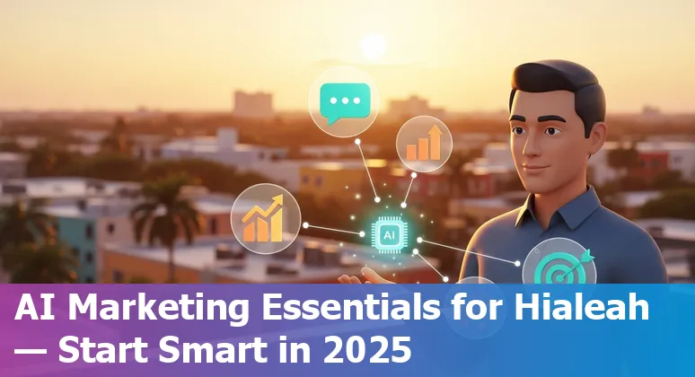 Marketing professional using AI tools on a laptop in Hialeah, Florida, US skyline background in 2025
