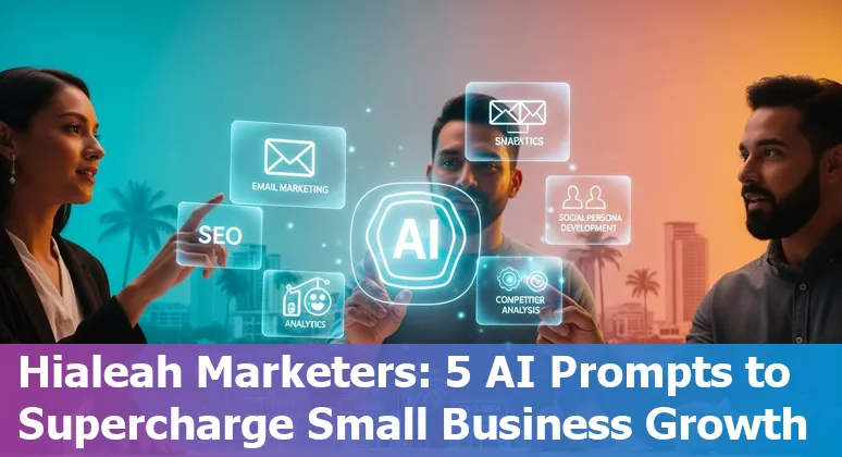 Hialeah marketer using AI prompts on laptop with Florida skyline and local storefronts in the background