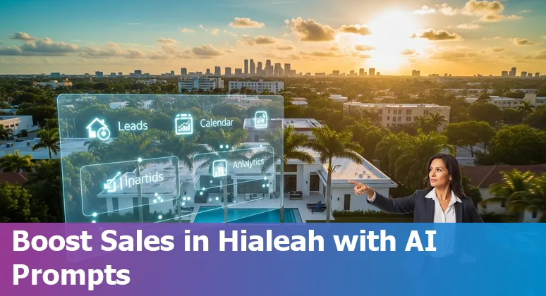 Hialeah real estate agent using AI-generated listing and social media templates on a laptop with a map of Hialeah in the background.