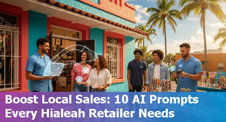 Retail storefront in Hialeah with bilingual signage and AI icons representing personalization, inventory, and chatbots