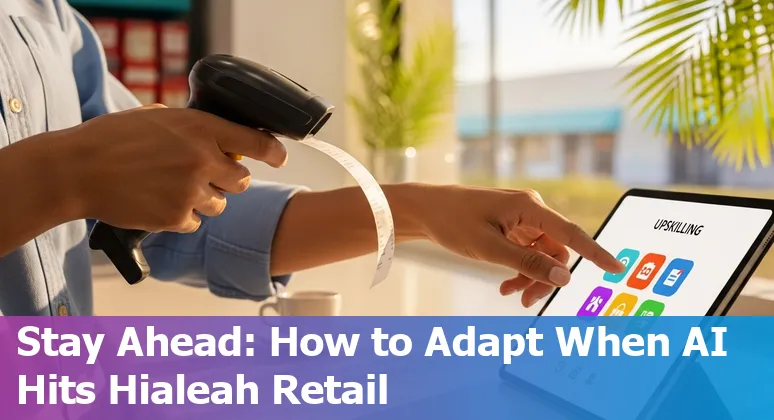 Retail worker using tablet in Hialeah store with self-checkout kiosks and AI signage