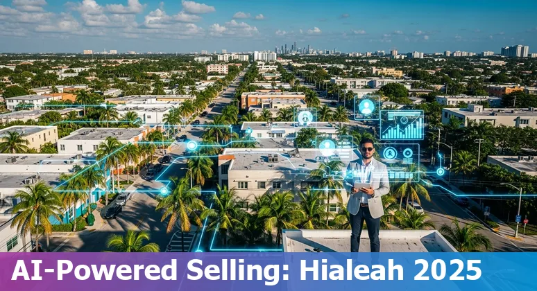 Sales professional using AI tools on a laptop with Hialeah, Florida neighborhood map visible on screen