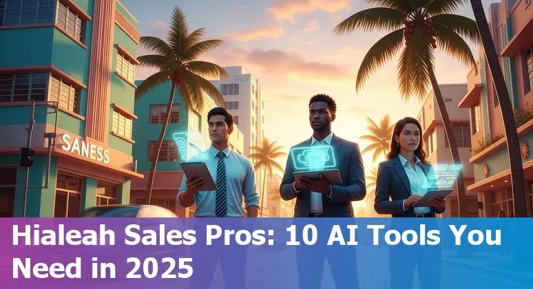 Sales professional in Hialeah using AI sales tools on laptop; icons for Clari, Gong, Outreach, Salesloft, 6sense, Seamless.ai, Regie.ai, Otter.ai, Salesken, Copy.ai