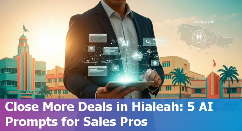 Sales professional using AI on a laptop with Hialeah skyline and bilingual notes visible.