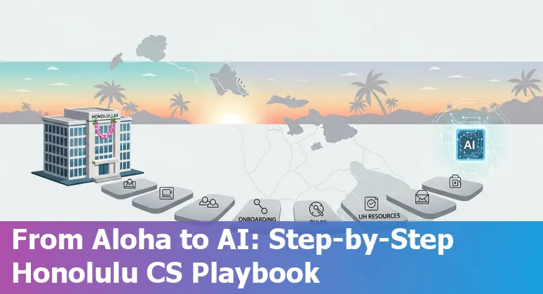 Customer service rep using AI tools on a laptop with Honolulu, Hawaii skyline in background - Honolulu, Hawaii 2025