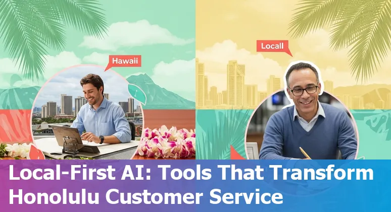 Customer service agent using AI chat tools with Honolulu skyline and Diamond Head in background