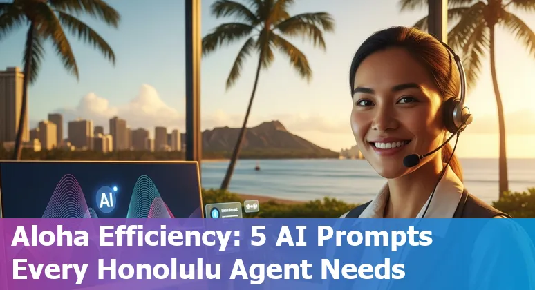 Customer service agent in Honolulu using AI tools on a laptop with Honolulu skyline in the background.
