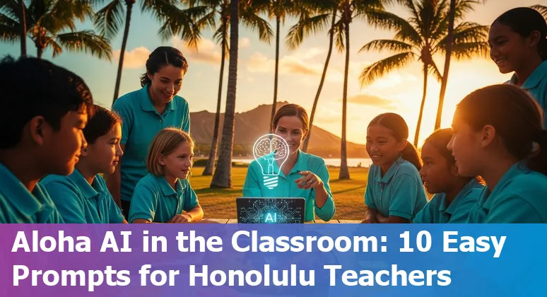 Teacher using AI tools like ChatGPT and Google Gemini to create lesson plans for Honolulu classrooms, with Hawaiian cultural imagery.