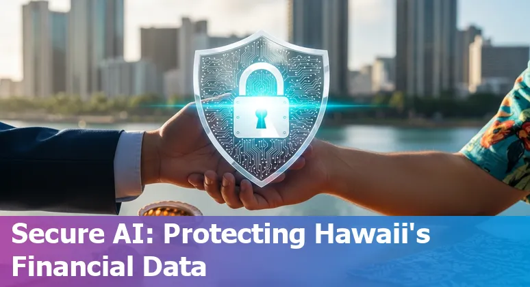 Illustration of AI in Honolulu financial services, featuring Honolulu skyline and AI icons, Hawaii