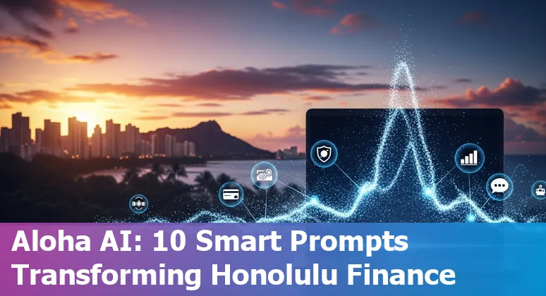 Financial services team in Honolulu reviewing AI prompts and dashboards with images of Waikiki skyline in background