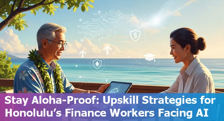 Honolulu financial worker using a laptop with Diamond Head in background, representing AI and job adaptation.