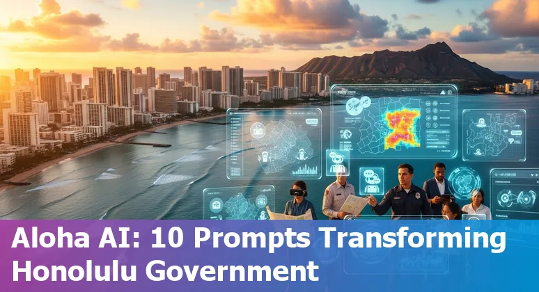 Honolulu city skyline with AI network overlay highlighting traffic, coastline, and government buildings.