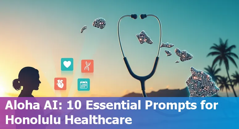 Healthcare workers in Honolulu using AI tools for telehealth, imaging, and personalized care with Hawaiian island skyline.