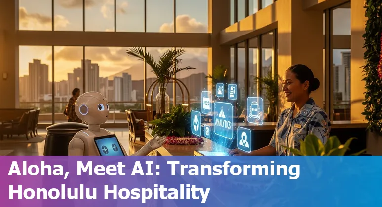 Honolulu, Hawaii hotel lobby staff using AI dashboard and guest-facing chat on a tablet in 2025