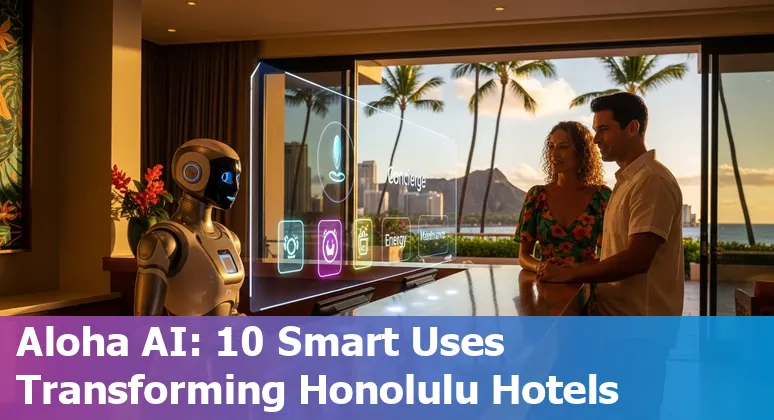 Hotel concierge tablet showing AI assistant and Honolulu skyline in the background