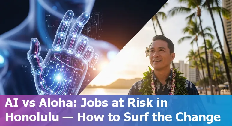 Hotel front desk in Honolulu with a self-service kiosk and a staff member assisting a guest, symbolizing AI impact on hospitality jobs.