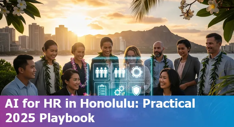 HR professional using AI tools on a laptop in Honolulu, HI with Diamond Head in the background, Honolulu, HI.