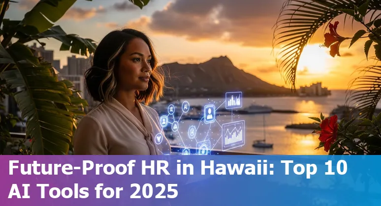 Hawaii HR professional reviewing AI recruitment tools on a laptop with Honolulu skyline in background