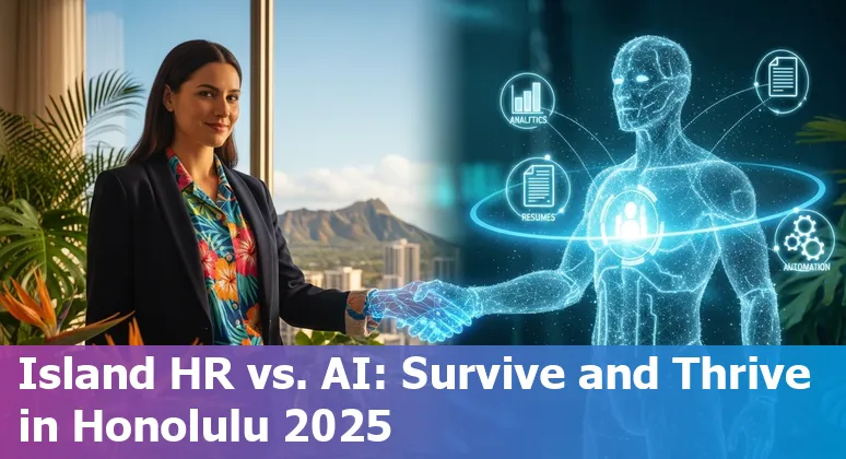 HR professional using AI tools in an office with Honolulu, Hawaii, US skyline visible