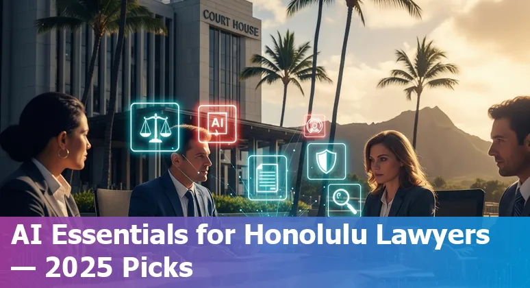 Lawyer in Honolulu using AI tools on a laptop with Honolulu skyline and Diamond Head in background