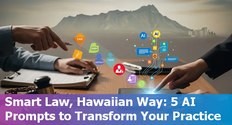 Attorney in Honolulu using AI on laptop with Diamond Head in background, showing prompt templates on screen.