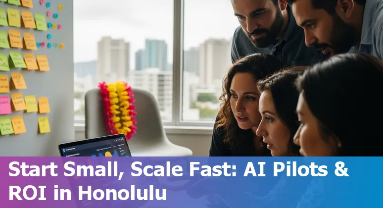 Honolulu, Hawaii marketer using AI tools on laptop with Waikiki skyline in background image
