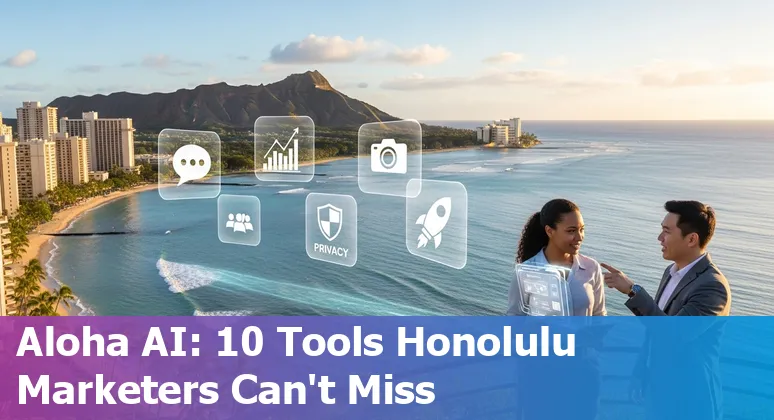 Honolulu marketer using AI tools on laptop with Diamond Head in background