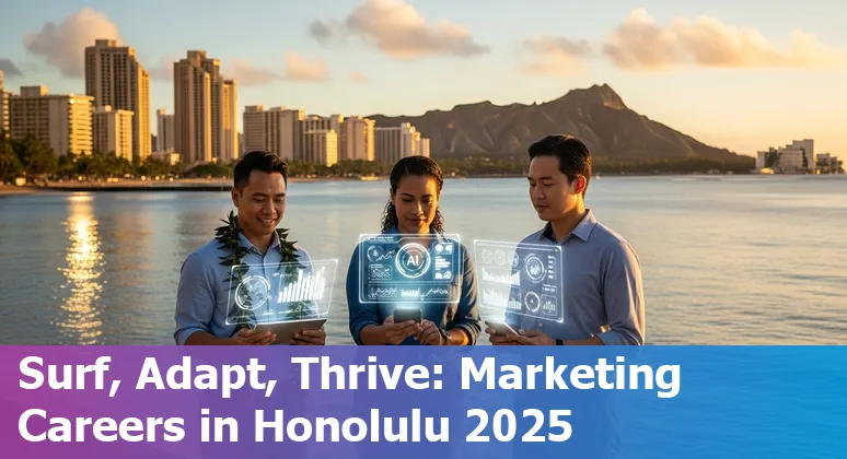 Illustration of AI and marketing teamwork with Honolulu, Hawaii skyline in the background, representing Honolulu, Hawaii marketers in 2025