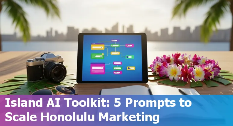 Marketing professional using AI prompts on a laptop with Honolulu skyline and Diamond Head in the background.