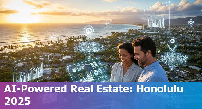 AI-driven real estate dashboard overlaying Honolulu, Hawaii skyline and Oahu neighborhood map in 2025