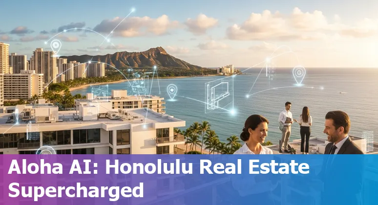 Honolulu skyline with AI data overlays on neighborhood maps and listing icons