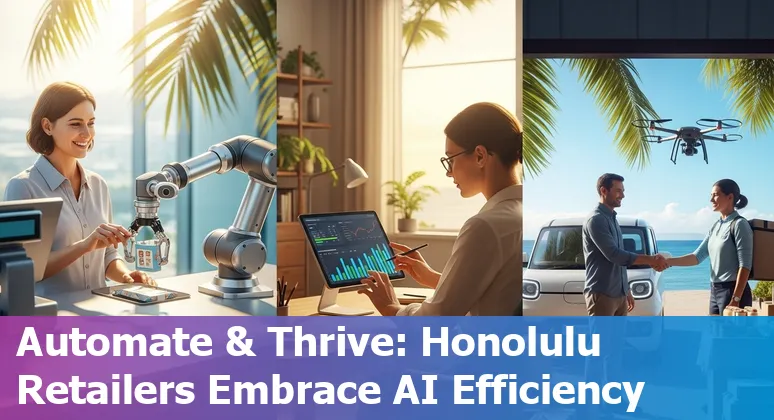 Honolulu, Hawaii retail store with AI-driven analytics dashboard on screen, illustrating cost savings and efficiency.