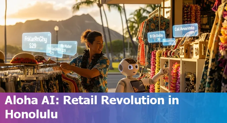 Retail AI tools and a storefront in Honolulu, Hawaii showing tourists and residents interacting with smart retail tech
