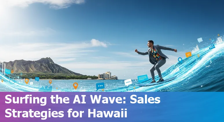 Sales professional using AI tools with Honolulu, HI skyline in the background, 2025.