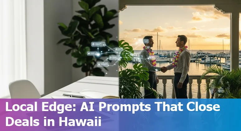 Sales professional in Honolulu using AI prompts on a laptop with Honolulu skyline in background