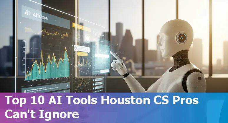 Houston customer service team using AI tools: Zendesk, Alorica, ServiceNow and local vendor logos in a city skyline background.