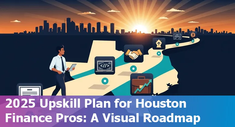 Finance professional using AI tools in an office with a Houston, Texas skyline visible through the window.