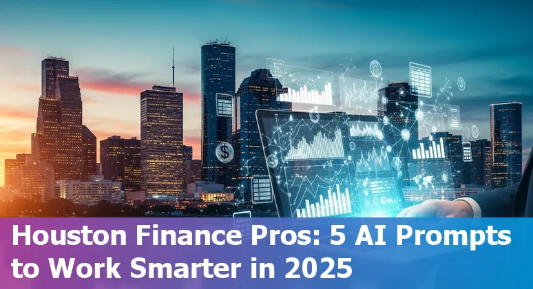 Finance professional using AI prompts on laptop with Houston skyline in background