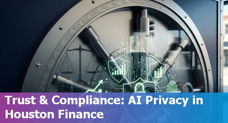 Illustration of AI in Houston, Texas financial services in 2025 showing skyline, data flows, and fintech icons