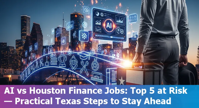 Houston skyline with finance icons (bookkeeping, data, customer service, research, compliance) and AI network overlay