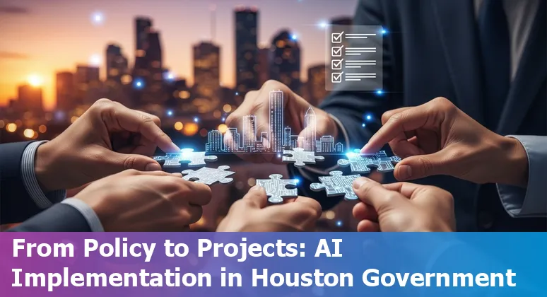 City government worker using AI dashboard with Houston, Texas skyline in background, 2025