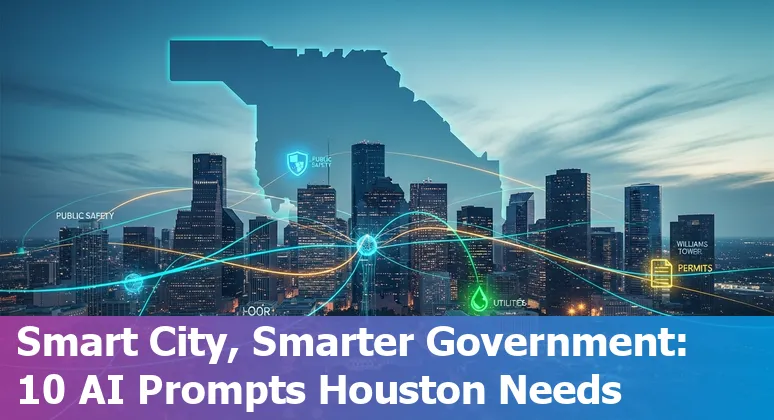 Illustration of Houston skyline with AI icons for public safety, healthcare, networks, and social engagement.